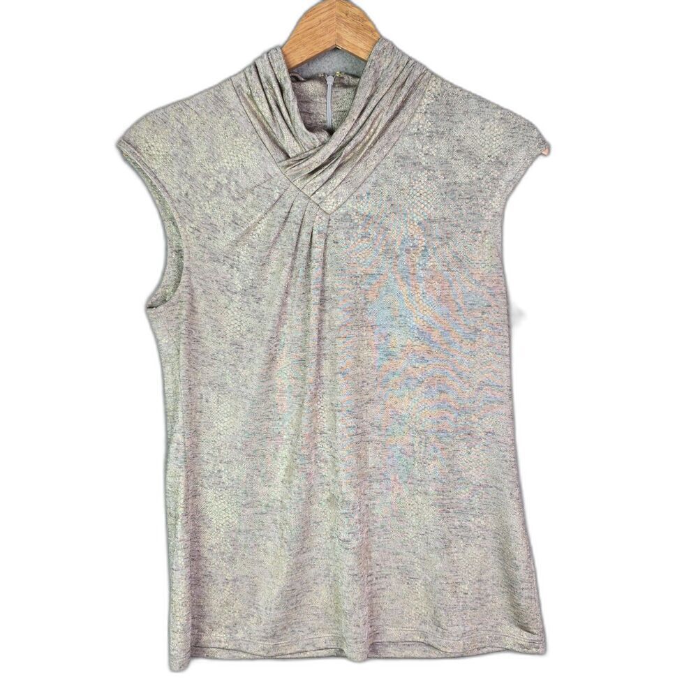 Calvin Klein Sleeveless Top Gold M Draped Neck Metallic Knit Minimalist